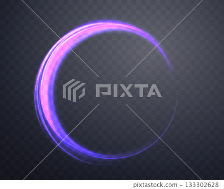 Glowing purple magic ring. Neon realistic energy flare halo ring. Abstract light effect on a dark transparent background. Vector illustration. 133302628