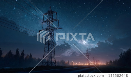 Power lines crossing the countryside under a starry night sky 133302648