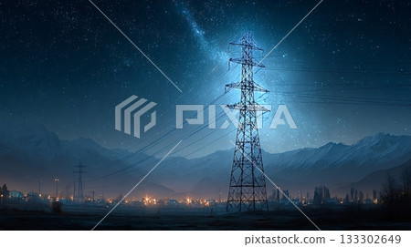 Electricity pylon standing tall under starry night sky in mountain valley 133302649
