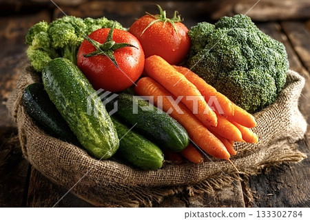 Fresh vegetables resting on rustic burlap sack Fresh vegetables resting on rustic burlap sack 133302784