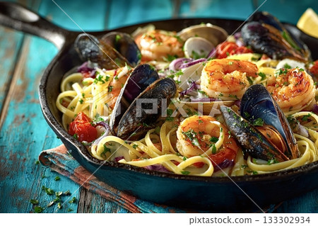 Delicious linguine with seafood marinara sauce in cast iron pan 133302934