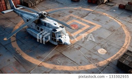 Military helicopter parked on helipad of aircraft carrier or warship 133302935