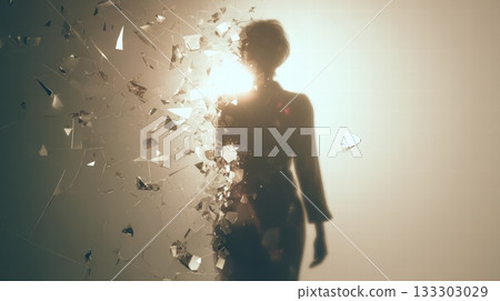 Silhouette Of Woman In Bright Backlight Surrounded By Shattered Glass Particles 133303029