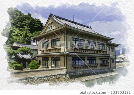 Watercolor painting of Akinada Tobishima Kaido, Shimokamagari Island, Kanrankaku, Kure City, Hiroshima Prefecture 133303121