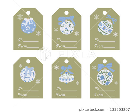 Set of Christmas gift tags with decorative ornaments and floral patterns. This illustration conveys a festive holiday wrapping and gifting concept 133303207