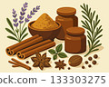 Assortment of spices and herbs, including cinnamon sticks, fragrant lavender, rosemary, turmeric, nuts and brown wooden jars for spices on light beige background. Vector still life illustration 133303275