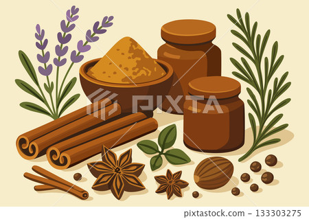 Assortment of spices and herbs, including cinnamon sticks, fragrant lavender, rosemary, turmeric, nuts and brown wooden jars for spices on light beige background. Vector still life illustration Assortment of spices and herbs, including cinnamon sticks, fragrant lavender, rosemary, turmeric, nuts and brown wooden jars for spices on light beige background. Vector still life illustration 133303275