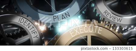 Identify, plan, execute, review - gears concept - 3D illustration Identify, plan, execute, review - gears concept - 3D illustration 133303615