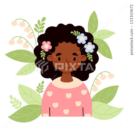 Cute Spring ethnic Girl with Flowers lily of the valley and Leaves. Female Portrait Seasonal Character. Vector illustration. Perfect for poster, banner, card, design. Kids collection. Not AI 133303672