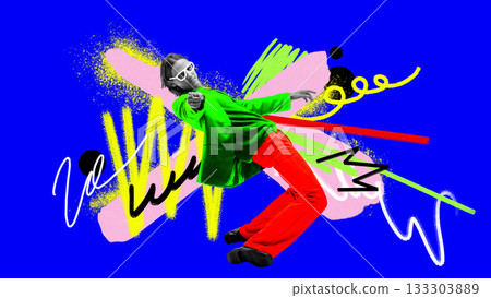 Dynamic collage of leaning young man in neon outfit with excited mood. Dynamic collage of leaning young man in neon outfit with excited mood. 133303889