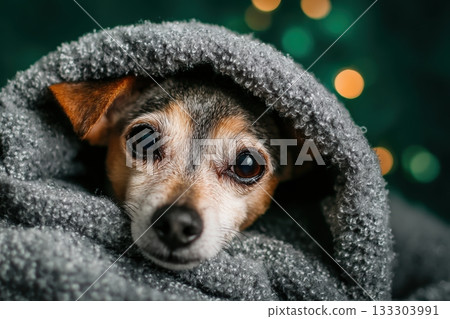 Cozy dog wrapped in a soft grey blanket at night Cozy dog wrapped in a soft grey blanket at night 133303991