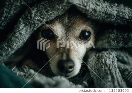 Dog curled up in cozy blanket on cold day Dog curled up in cozy blanket on cold day 133303993