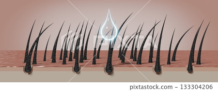 Drop of shampoo or cosmetic regenerates hair follicles - 3D illustration 133304206