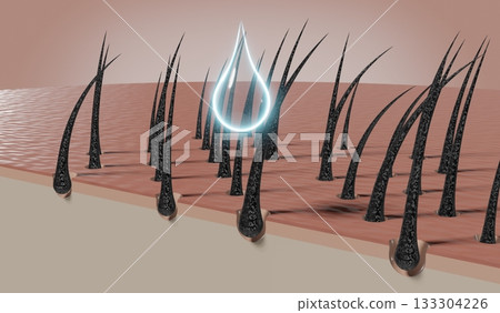 Drop of shampoo or cosmetic regenerates hair follicles - 3D illustration 133304226