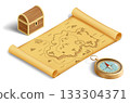 Old map of the island with treasures, chest and compass 133304371