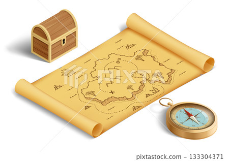 Old map of the island with treasures, chest and compass Old map of the island with treasures, chest and compass 133304371