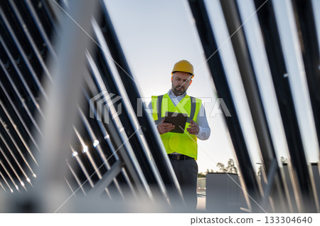 Male engineer inspecting solar panels with tablet outdoors Male engineer inspecting solar panels with tablet outdoors 133304640