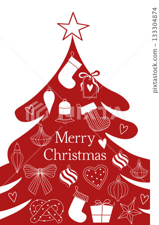 Hand-drawn Christmas card with pine tree and Christmas ornaments and stockings in red color 133304874