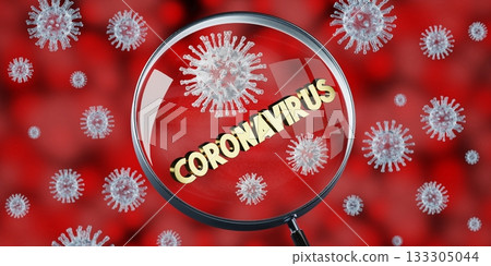 Coronavirus concept, magnifying glass - 3D illustration Coronavirus concept, magnifying glass - 3D illustration 133305044