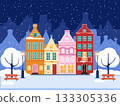 Christmas and New Year greeting card. Winter town. Colorful houses. Christmas winter old town street. Vector illustration 133305336