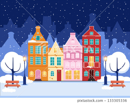 Christmas and New Year greeting card. Winter town. Colorful houses. Christmas winter old town street. Vector illustration Christmas and New Year greeting card. Winter town. Colorful houses. Christmas winter old town street. Vector illustration 133305336