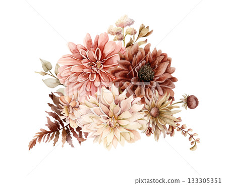 Autumn flowers leaves bouquet. Fall plants Dahlia Chrysanthemum Astra. Watercolor hand drawn floral illustration isolated on white background wedding home textile cosmetic package porcelain crockery 133305351