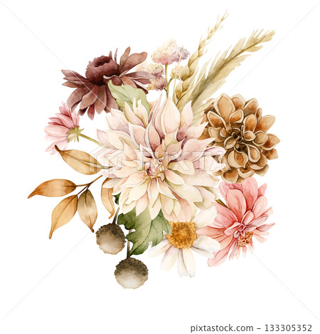 Autumn flowers leaves bouquet. Fall plants Dahlia Chrysanthemum Daisy. Watercolor hand drawn floral illustration isolated on white background wedding home textile cosmetic package porcelain crockery 133305352