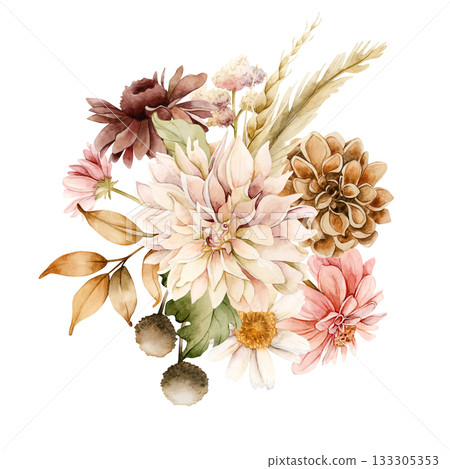 Autumn flowers leaves bouquet. Fall plants Dahlia Chrysanthemum Daisy. Watercolor hand drawn floral illustration isolated on white background wedding home textile cosmetic package porcelain crockery Autumn flowers leaves bouquet. Fall plants Dahlia Chrysanthemum Daisy. Watercolor hand drawn floral illustration isolated on white background wedding home textile cosmetic package porcelain crockery 133305353