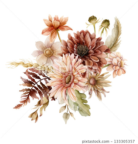 Autumn flowers leaves bouquet. Fall plants Dahlia Chrysanthemum Gerbera. Watercolor hand drawn floral illustration isolated on white background wedding home textile cosmetic package porcelain crockery Autumn flowers leaves bouquet. Fall plants Dahlia Chrysanthemum Gerbera. Watercolor hand drawn floral illustration isolated on white background wedding home textile cosmetic package porcelain crockery 133305357