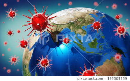 Earth, viruses - Asia and Australia side - 3D illustration Earth, viruses - Asia and Australia side - 3D illustration 133305369