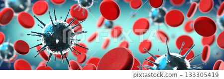 Coronavirus, Covid-19, SARS-CoV-2 virus and blood cells - 3D illustration 133305419