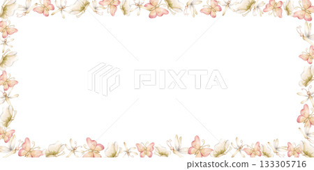 Cute Butterfly Dragonfly Insects Frame. Watercolor hand painted summer pastel neutral isolated illustration on white background for nursery kids baby shower card logo label whimsical mystery princess 133305716