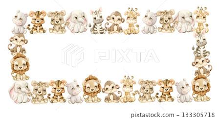 Cute Animals Frame. Safari Jungle Tropical Exotic Watercolor hand painted summer pastel neutral isolated illustration on white background lion giraffe for nursery kids baby shower card logo label Cute Animals Frame. Safari Jungle Tropical Exotic Watercolor hand painted summer pastel neutral isolated illustration on white background lion giraffe for nursery kids baby shower card logo label 133305718