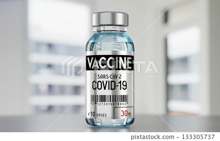 Covid 19, SARS CoV 2, coronavirus vaccine vial, defocused background - 3D illustration Covid 19, SARS CoV 2, coronavirus vaccine vial, defocused background - 3D illustration 133305737