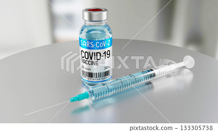 Covid 19, SARS CoV 2, coronavirus vaccine vial and syringe - 3D illustration 133305738