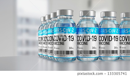 Covid 19, SARS CoV 2, coronavirus vaccine vials, defocused background - 3D illustration Covid 19, SARS CoV 2, coronavirus vaccine vials, defocused background - 3D illustration 133305741