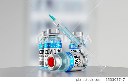 Covid 19, SARS CoV 2, coronavirus vaccine vials and syringe - 3D illustration Covid 19, SARS CoV 2, coronavirus vaccine vials and syringe - 3D illustration 133305747