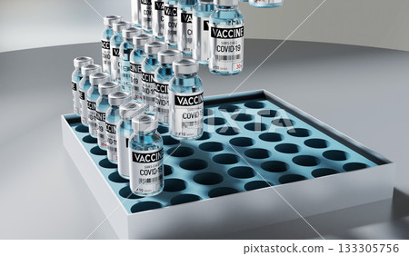 Covid 19, SARS CoV 2, box with coronavirus vaccine ampoules - 3D illustration Covid 19, SARS CoV 2, box with coronavirus vaccine ampoules - 3D illustration 133305756