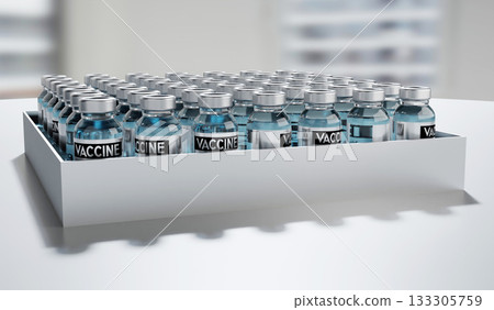 Covid 19, SARS CoV 2, box with coronavirus vaccine ampoules - 3D illustration Covid 19, SARS CoV 2, box with coronavirus vaccine ampoules - 3D illustration 133305759