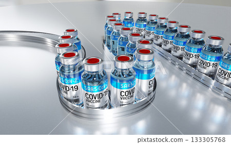Covid 19, SARS CoV 2, coronavirus vaccine vials on production line - factory concept - 3D illustration Covid 19, SARS CoV 2, coronavirus vaccine vials on production line - factory concept - 3D illustration 133305768