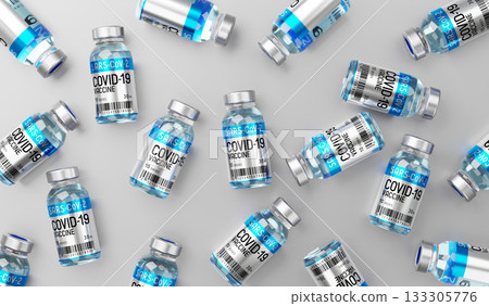 Covid 19, SARS CoV 2, coronavirus vaccine ampoules isolated on grey background - 3D illustration Covid 19, SARS CoV 2, coronavirus vaccine ampoules isolated on grey background - 3D illustration 133305776