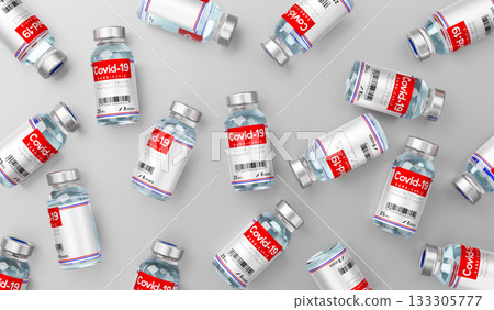 Covid 19, SARS CoV 2, coronavirus vaccine ampoules isolated on grey background - 3D illustration 133305777