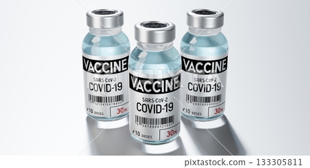 Three covid-19, SARS-CoV-2, coronavirus vaccine ampoules isolated on grey background - 3D illustration 133305811