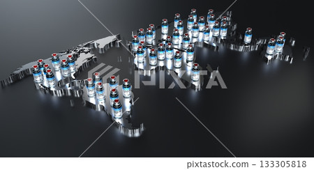 World map and covid-19, SARS-CoV-2, coronavirus vaccine ampoules on black background - 3D illustration 133305818