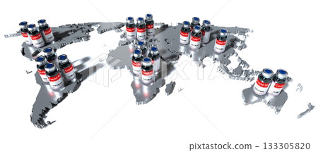 World map and covid-19, SARS-CoV-2, coronavirus vaccine ampoules on white background - 3D illustration World map and covid-19, SARS-CoV-2, coronavirus vaccine ampoules on white background - 3D illustration 133305820