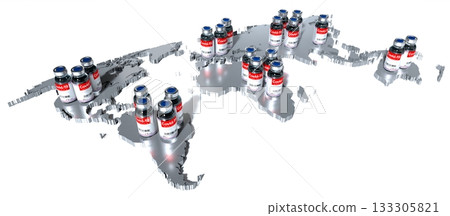 World map and covid-19, SARS-CoV-2, coronavirus vaccine ampoules on white background - 3D illustration World map and covid-19, SARS-CoV-2, coronavirus vaccine ampoules on white background - 3D illustration 133305821