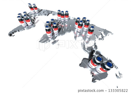 World map and covid-19, SARS-CoV-2, coronavirus vaccine ampoules on white background - 3D illustration World map and covid-19, SARS-CoV-2, coronavirus vaccine ampoules on white background - 3D illustration 133305822