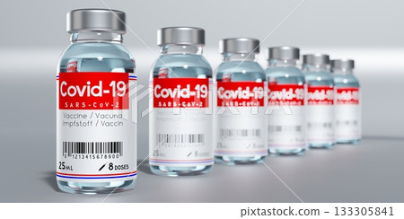 Many covid-19, SARS-CoV-2, coronavirus vaccine ampoules, selective focus - 3D illustration Many covid-19, SARS-CoV-2, coronavirus vaccine ampoules, selective focus - 3D illustration 133305841
