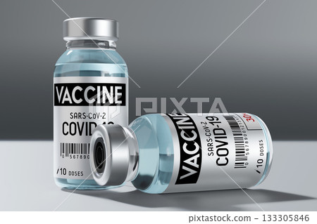 Two covid-19, SARS-CoV-2, coronavirus vaccine ampoules isolated on grey background - 3D illustration Two covid-19, SARS-CoV-2, coronavirus vaccine ampoules isolated on grey background - 3D illustration 133305846