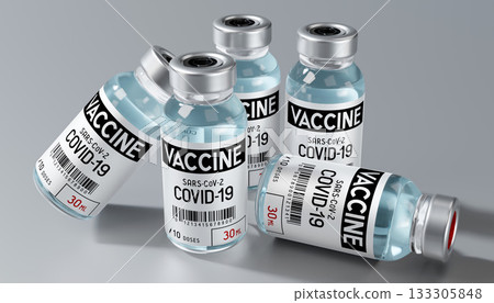 Five covid-19, SARS-CoV-2, coronavirus vaccine ampoules isolated on grey background - 3D illustration Five covid-19, SARS-CoV-2, coronavirus vaccine ampoules isolated on grey background - 3D illustration 133305848